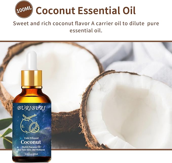 BURIBURI Pure Vanilla Essential Oil and Coconut Oil 100ml Organic Aromatherapy Oils 3.38 fl.oz Coconut Essential Oil for Diffuser Humidifier
