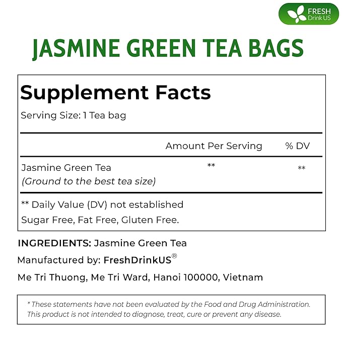 FreshDrinkUS, Premium 55 Jasmine Green Tea Bags, 100% Natural & Pure from Jasmine Green Tea. Jasmine Green Herbal Tea. Made with Natural Material Tea Bags. No Sugar, No Gluten, Vegan.