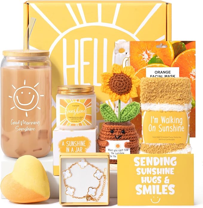 Gift Baskets for Women, 9pcs Unique Happy Birthday Gifts for Women, Best Inspirational Get Well Christmas Sunshine Sunflower Ideas Box for Her Sister Friend Friendship Mom - BRIGHTEN UP HER DAY!