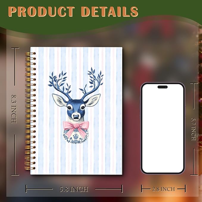 Exqcom Blue Chinoiserie Christmas Deer Spiral Notebook Gifts, Preppy Pink Bow Xmas Deer Journal for Women, Grandmillennial Christmas Hardcover Notebook Journal Office School Supplies, 5.5x8.3 Inch