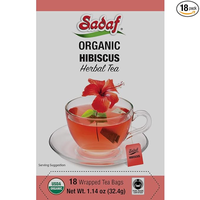 Sadaf Organic Hibiscus Tea - Organic Hibiscus Tea Bags - Ideal for Hot or Iced Tea - Té de Hibisco Orgánico - Kosher - 18 Wrapped Tea Bags