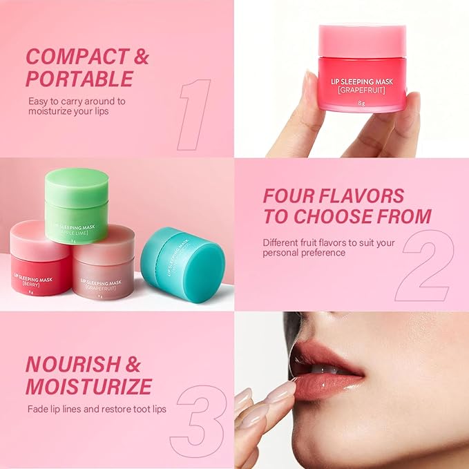 4PCS Lip Sleeping Mask，Korean Lip Mask Jelly Sleep Lip Balm，Lip Mask Set，Reduce Lip Lines and Improve Lip Color，Overnight Lip Treatment Care for Dry Cracked Lips，Moisturizing, Hydrating, Nourishing
