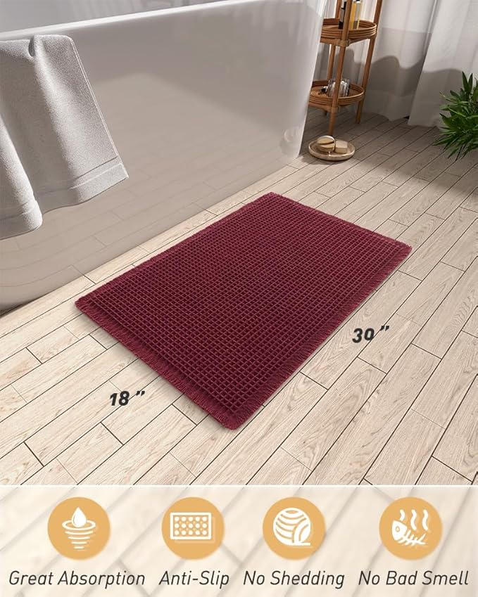 AMOAMI Upgraded Waffle Bath Mat, Super Absorbent Non Slip Bath Mats for Bathroom Floor, Machine Washable Bathroom Rugs with Tassels, Rubber Backed Bathroom Mats, Ultra Soft, 18" x 30", Burgundy