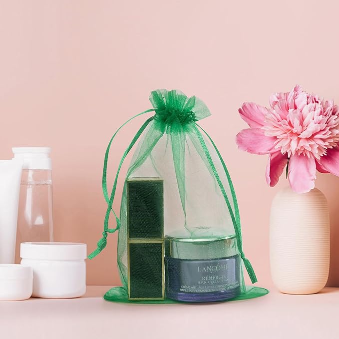 50 Pcs 4x6 Inch Green Mesh Bags, Organza Bags with Drawstring Small Mesh Pouch for Christmas Gift Party Favor Wedding