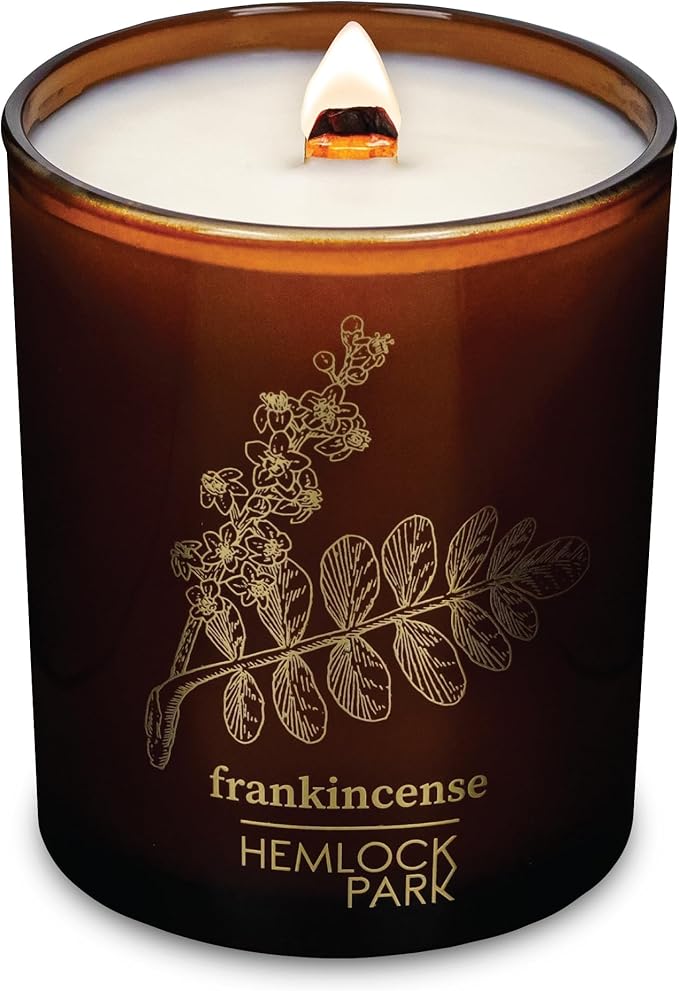 Hemlock Park Wood Wick Candle Handcrafted with Natural Coconut Wax and Essential Oils (Amber & Gold 7.2 oz, Frankincense)
