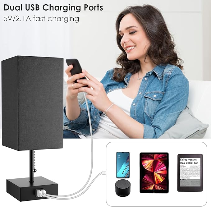 GGOYING USB Bedside Table Lamp, Pull Chain Nightstand Table Lamp with 2700K LED Bulb, Black Fabric Linen Lampshade, USB C+A Charging Ports for Living Room Bedroom Office