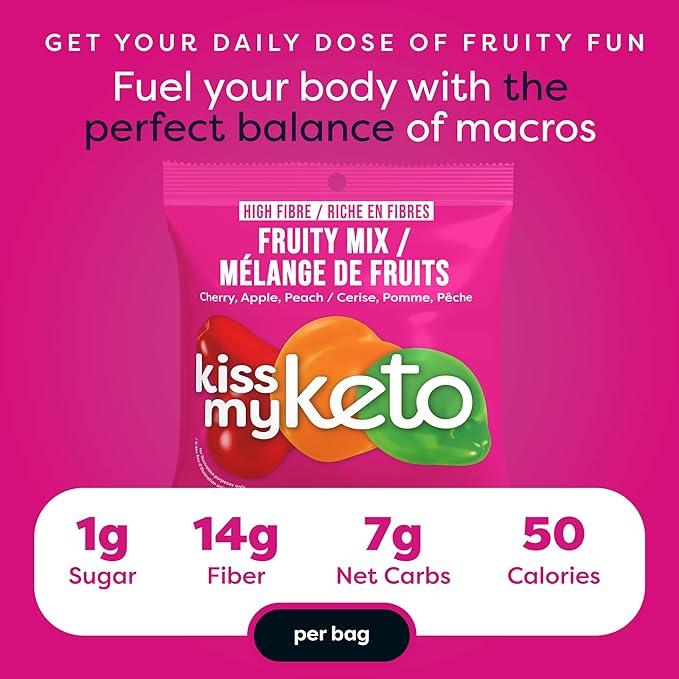 Kiss My Keto Sugar Free Gummies, Fruity Mix 16-Pack – Satisfy Cravings while Staying in Ketosis – High Fiber, 7g Net Carbs, Non-GMO, Vegan, & Gluten-Free – Low-Calorie Vegan Candy