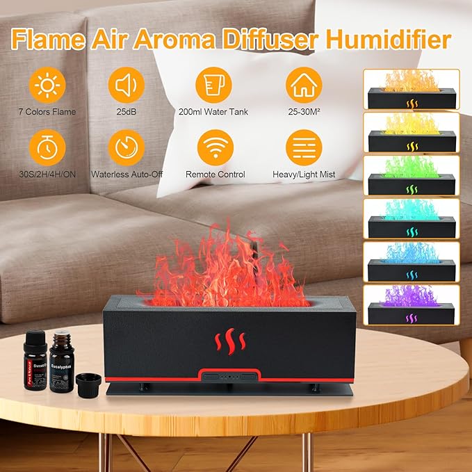 7 Colors Flame Diffuser Essential Oil Diffuser with 6 Essential Oils, 200ml Ultra-Quiet Aromatherapy Diffuser for Office Home Bedroom Aroma 360 Diffuser (Fire-Gray Set)