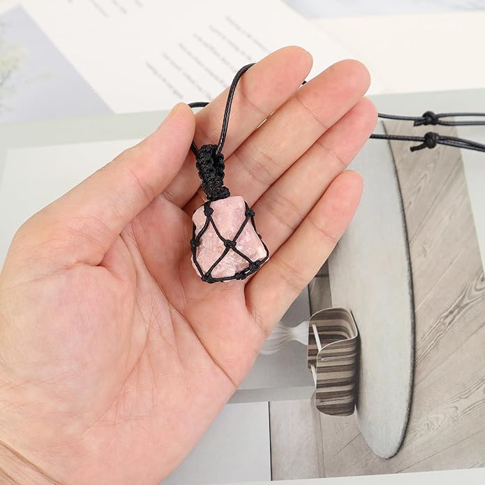 Handmade Natural Gemstone Crystal Pendant Necklace Stone Holder Necklace Cord Net Necklace with Adjustable Length for Women Men