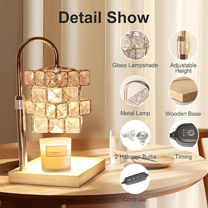 Candle Warmer Lamp Dimmable Wax Melt Warming Lamp with Timer Scented Wax Candle in Jar During Bathing & Yoga & Meditation with 2 Bulbs Home Decor Gift for Female (Diamond Square)