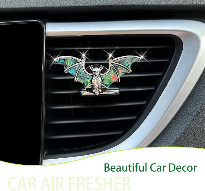 Bat Air Vent Clip Car Air Freshener Outlet Clips Natural Abalone Shell Seashell Color Vampire Bat Car Accessories Gothic Car Decor Refillable Car Diffuser Clips (Small Bat)