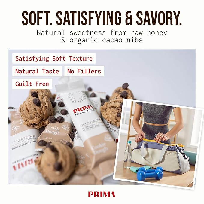 Prima Ancestral Protein Bar – Clean Grass Fed Protein Bar with Whey, Collagen, Honey, and Coconut – 16g Protein, No Preservatives or Seed Oils – Cookie Dough - 7 Pack
