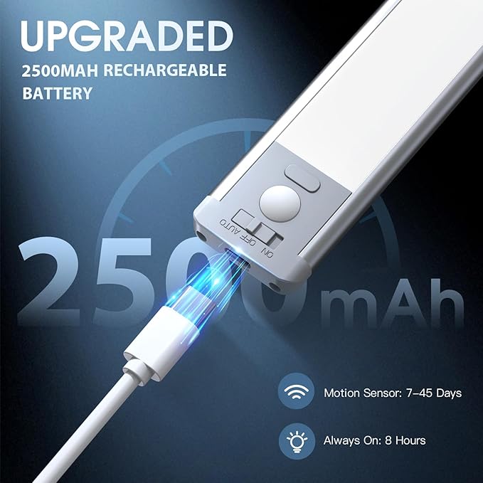 14.7inch Under Cabinet Lighting, 2 Pack Rechargeable Motion Sensor Light Indoor, 5 Levels Dimmable Magnetic Closet Lights, Wireless Under Counter Lights for Kitchen, Stairs,Hallway