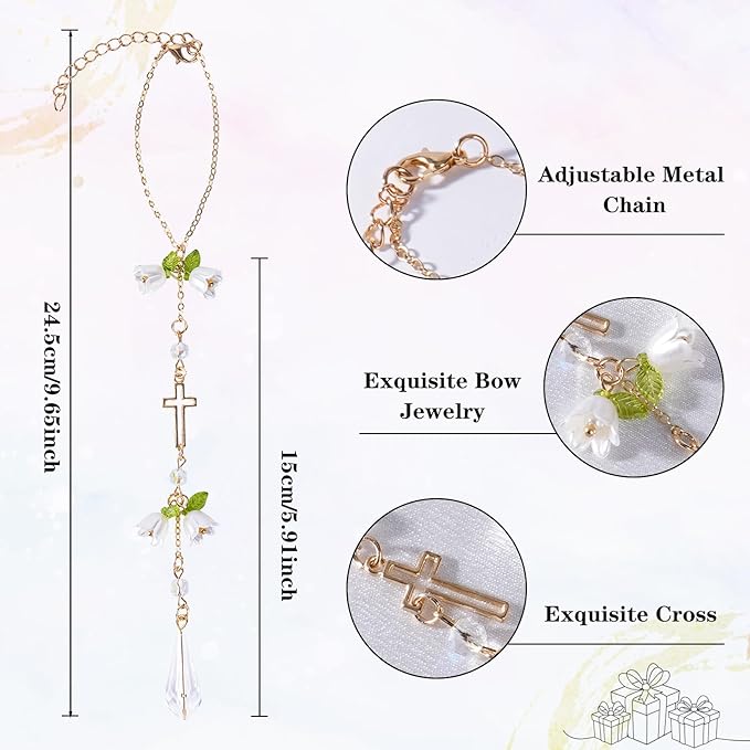 Cross Crystal Car Rearview Mirror Charm - Lily of The Valley Flower Beaded Pendant, Elegant Hanging Cars Interior Decor Ornament & Accessories, for Women Mom