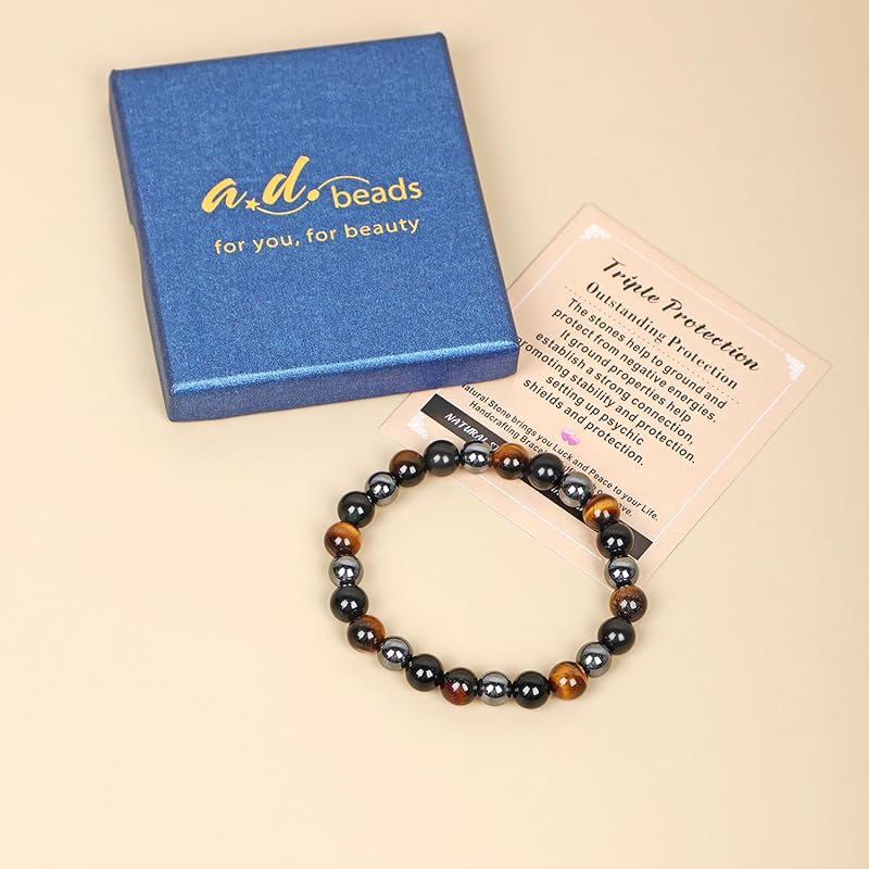 AD Beads Handmade Gemstone Stretch Elastic Bracelet Crystal Healing Reiki Nature's Beauty and Spiritual Essence Unisex (4mm, Triple Protection (Strong Protect))