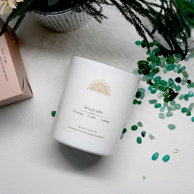 Crystal Candles Scented - Fig Tree Sandy Sea Aromatherapy Candle with Amazonite for Women - Soy Candles for Meditation Home Decor - 10 oz