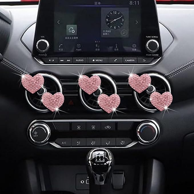 6 Pcs Heart-Shaped Crystal Diamond Air Vent Clip, Heart-Shaped Bling Charms Crystal Car Freshening Diffuser, Car Bling Interior Decorative Accessories for Women (pink)