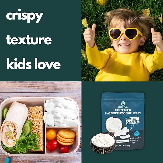 NOKKI FARM Freeze Dried Macapuno Coconut Chips - Healthy & Exotic Tropical Fruit Snacks, Low in Sugar, No Preservatives, Kid-Approved Shelf-Stable & Portable On-The-Go Snacking - 1.76 Oz