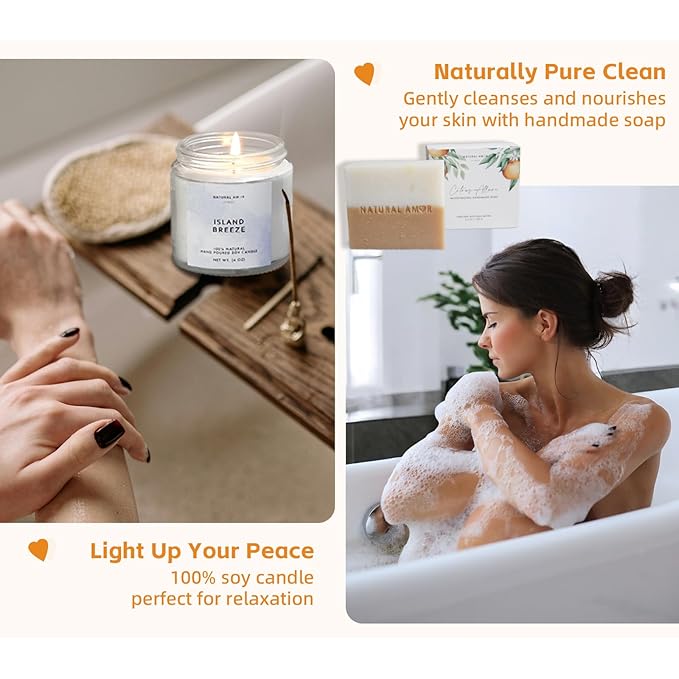 Natural Amor Handmade Spa Gifts for Women, Relaxing 5pcs Spa Gift Set for Women Including Citrus Handmade Soap Bar, Soy Candle, Bath Salt, Bath Bomb