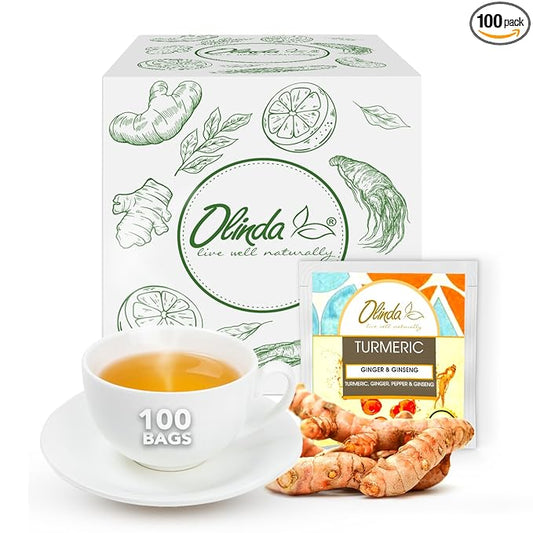Olinda Turmeric Ginger Ginseng Herbal Tea Organic Caffeine-Free Antioxidant-Rich 100% Pure Herbal Blend 100 Tea Bags Pack Brew Hot or Iced Tea