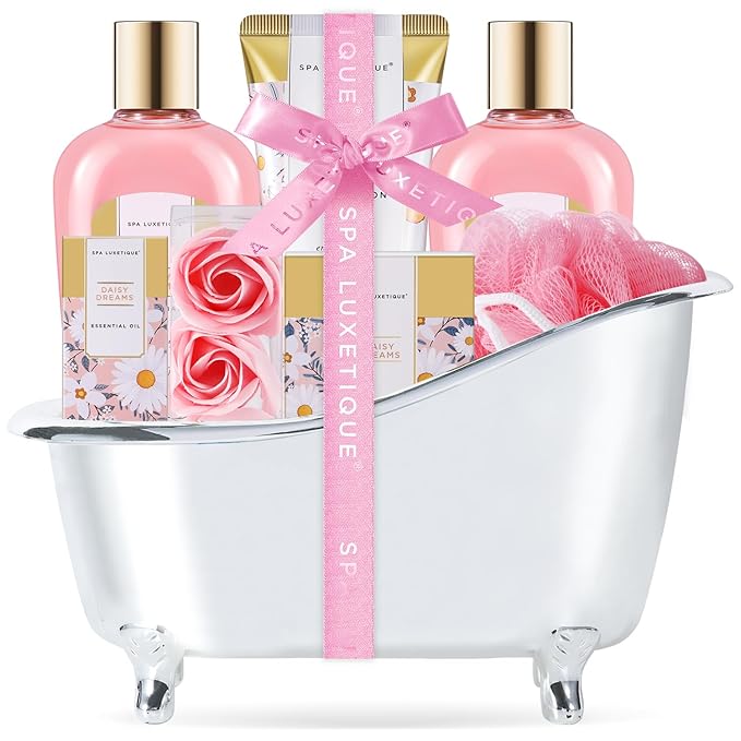 Self Care Gifts for Women, Spa Luxetique Bath and Body Gift Set, 8pcs Daisy Gift Baskets for Women with Bubble Bath, Lotion, Mothers Day Gifts for Mom