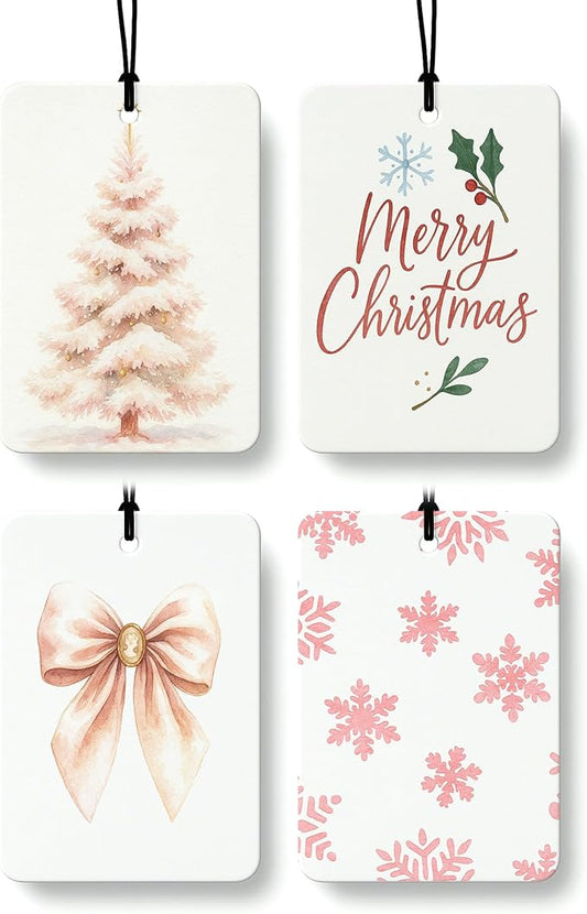 Pink Boho Christmas Berry Car Air Freshener 4 Pcs, Coquette Bow Xmas Tree Snowflake Hanging Air Freshener for Cars Closet Drawer Books, Girly Christmas Car Accessories Mirror Decor for Women
