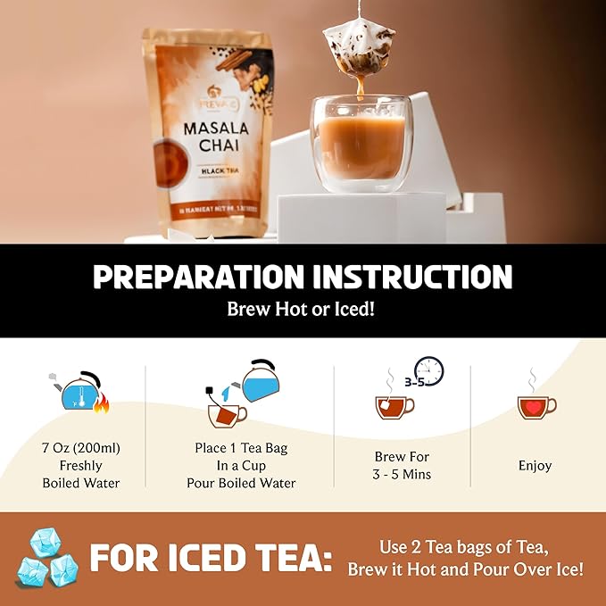 BREWIX, Masala Chai Tea Bags (50 Pyramid Tea Bags) Strong, Robust & Spicy - Pure Ingredients | Black Tea, Cinnamon, Ginger, Black Pepper, Cardamom & Cloves, Packed in Resealable Ziplock Pouch