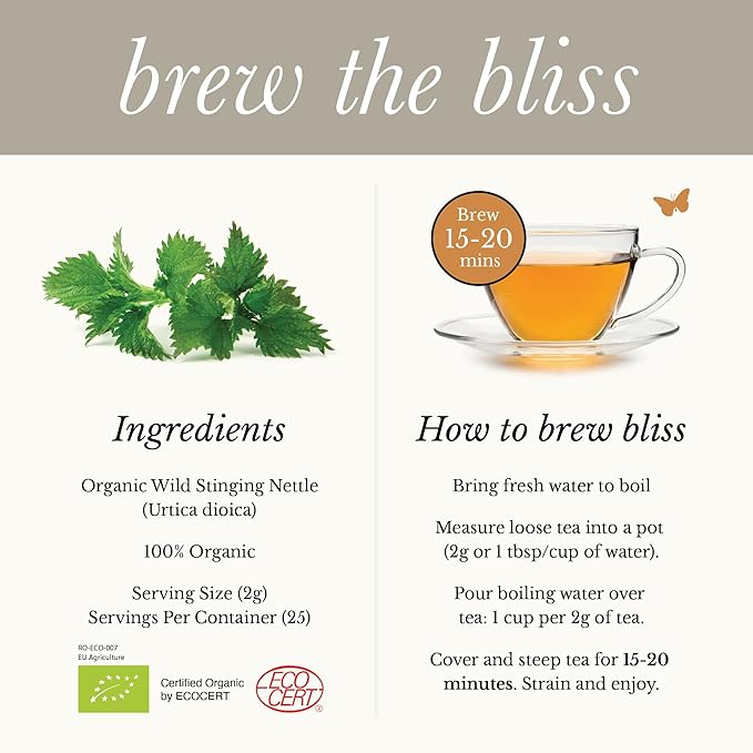 Wild Bliss Organic Wild Stinging Nettle Leaf Tea - Caffeine Free Loose Leaf Herbal Tea - 1.76 Oz - 25 Servings