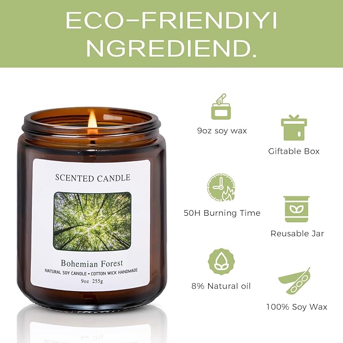 Bohemian Forest Scented Candles for Home Scented Aromatherapy Candles, Hand-Poured, 9 OZ, 50H Clean Burn,Soy Wax Candle Gift Set for Women Men