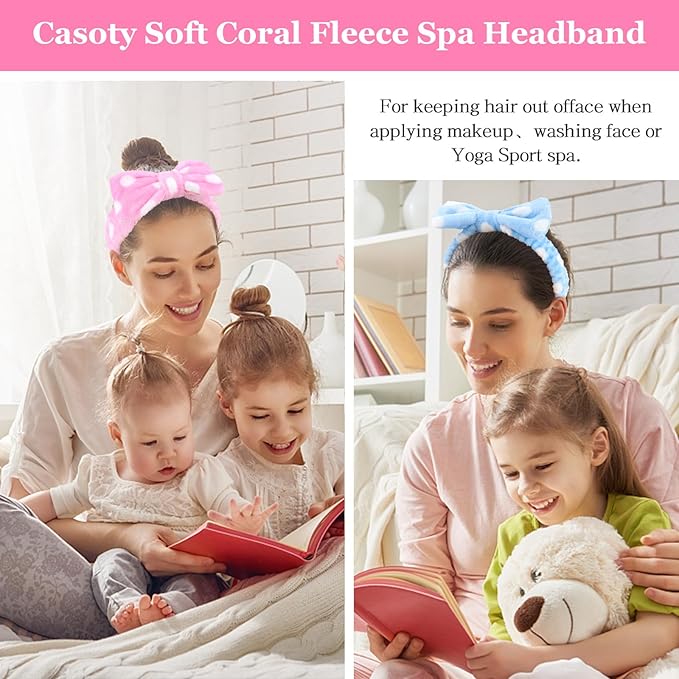 Casoty Spa Headbands - 10 Pcs Soft Coral Fleece Bow Headbands for Face Washing, Shower, Skin Care, Yoga