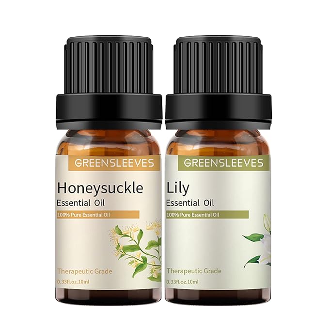 GREENSLEEVES Honeysuckle Lily Essential Oil Set, 2 x 10ml Pure Plant-Based Fragrance Oil for Aromatherapy, Essential Oils for Diffuser, Massage, Bath Bomb, Scented Candle Soap Making