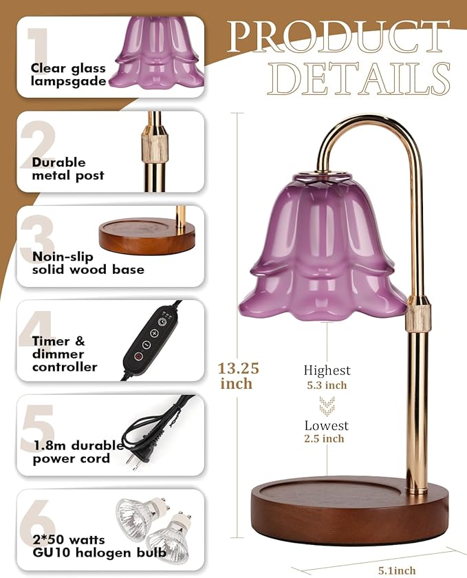 Candle Warmer Lamp with Timer Dimmable, Height Adjustable Birthday Gifts for Women Mom House Warming, Home Decor, Lotus Flower Candle Lamp Warmer 2 Bulbs Inc (Purple-1)