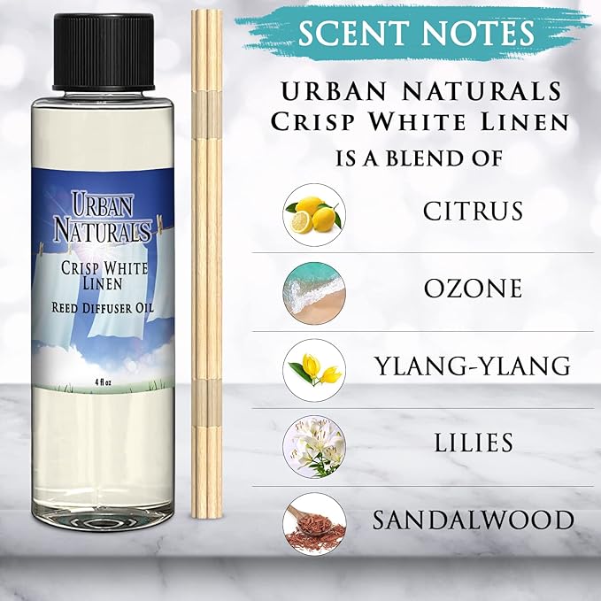 Urban Naturals Crisp White Linen Scented Oil Reed Diffuser Refill | Free Set of Reed Sticks! A Fresh, Clean Cotton Scent, 4 oz