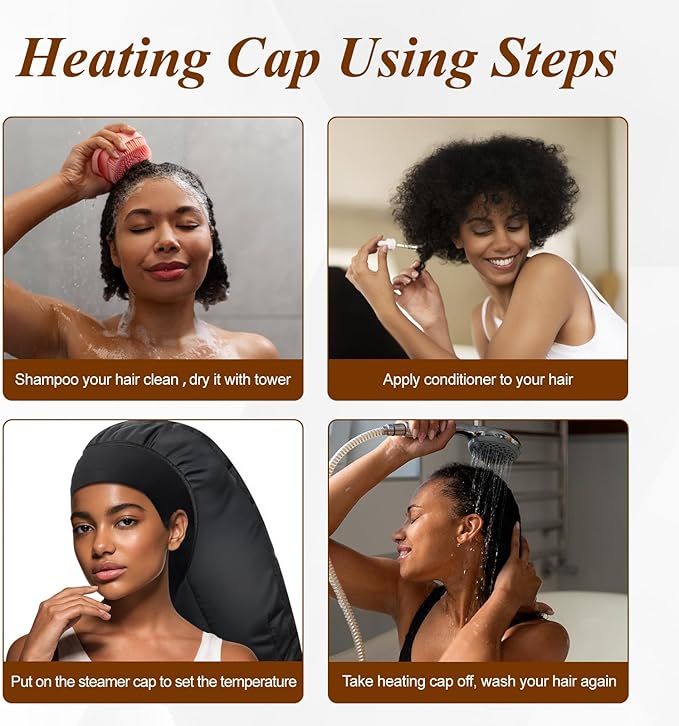 Heated Cap for Deep Conditioning: Upgraded Extra Large 10-Level Fast Heating 3 Time Settings Hair Steamer Cap for Natural Black Hair Portable Thermal Steam Cap for Home Hair Treatment - Black