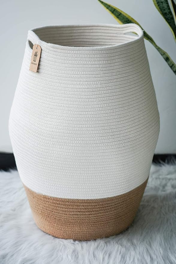 Goodpick Large Laundry Hamper | Tall Wicker Hamper Laundry Basket, Soft Cotton Rope Woven Hamper, Farmhouse Design Graceful Basket 25.6 Inches Height