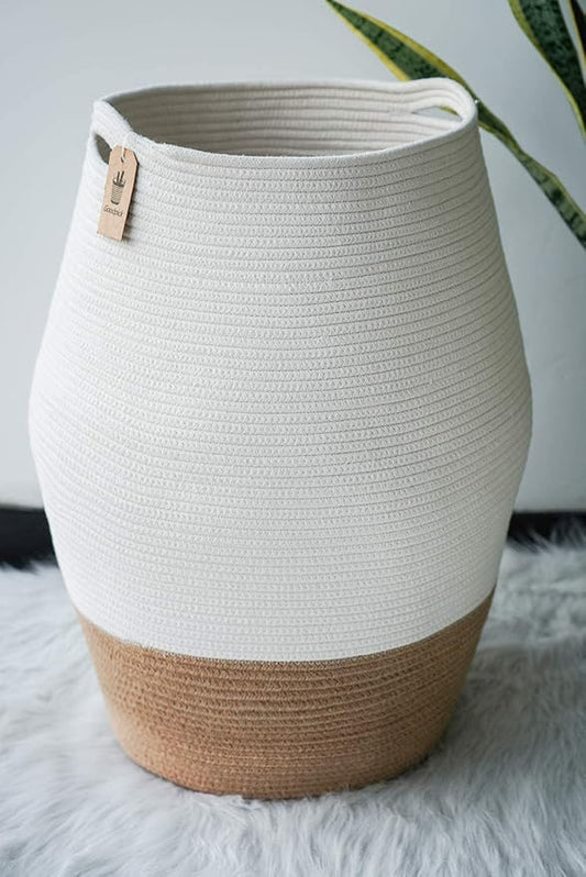Goodpick Large Laundry Hamper | Tall Wicker Hamper Laundry Basket, Soft Cotton Rope Woven Hamper, Farmhouse Design Graceful Basket 25.6 Inches Height