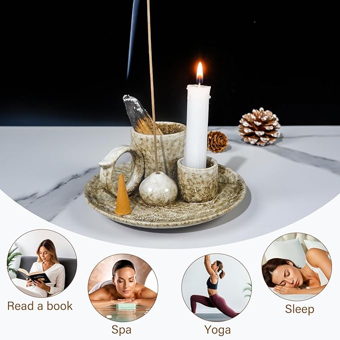 5.1Inch 5-in-1 Ceramic Smudge Bowl Brown - Incense Stick Holder, Small Candle Holder, Smudge Bowl/Dish, Fits Palo Santo, Sage.Zen Altar for Meditation/Yoga, Aromatic Scents, Easy to Clean