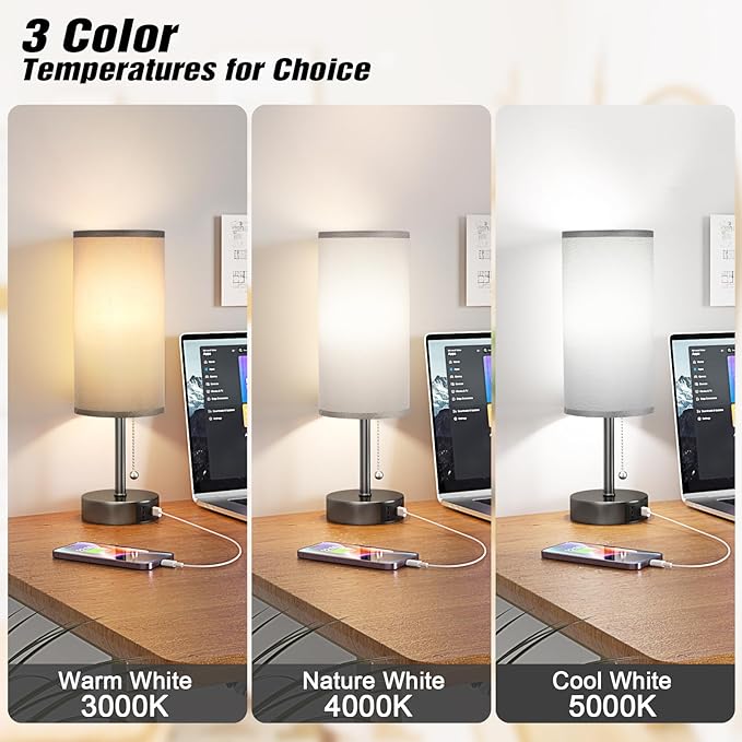 Grey Bedside Lamp for Bedroom Nightstand - Small Table Lamp with USB A + C Charging Port, 3 Color Temperatures Pull Chain Night Stand Light, Side Table Desk Reading Lamp for Living Room/Study Room