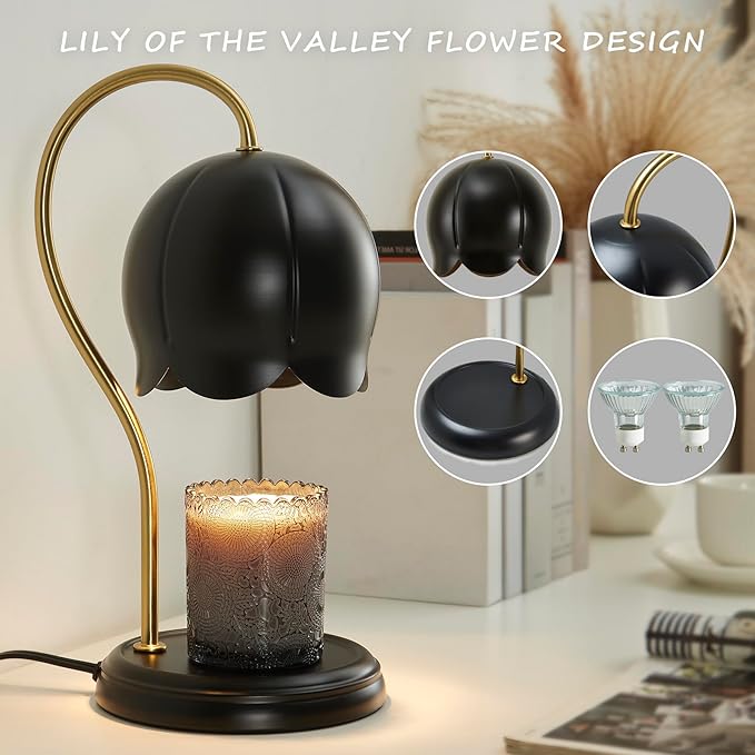 Black Gold Flower Candle Warmer Lamp with Timer Dimmable, Office Decor Elegant Bedroom Scented Wax Light, Christmas Birthday Gifts for Women Man, Large Table Candles Burner