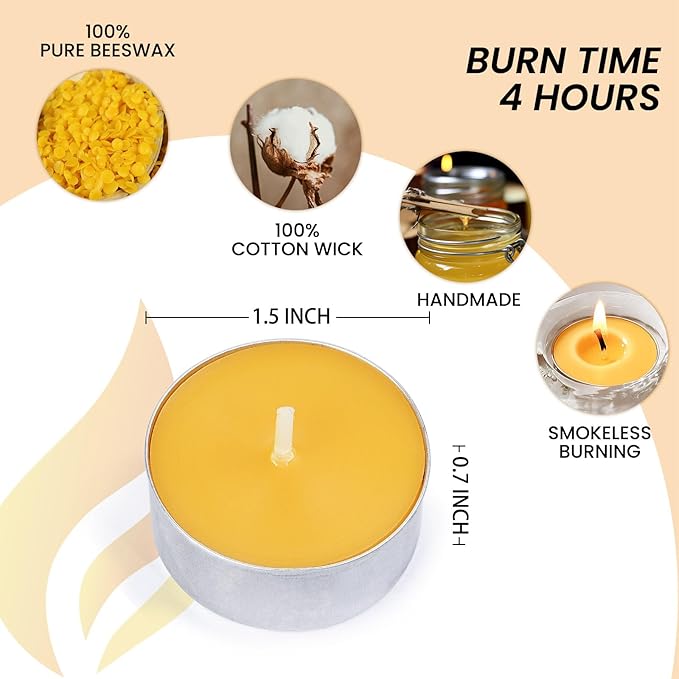 25-Pack Pure Beeswax Tealight Candles in Aluminum Cups - 4-5 Hour Burn Time, Lead-Free Cotton Wick, Natural Unscented Candles
