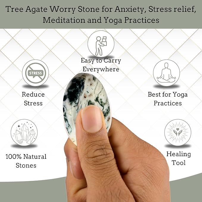 Tree Agate Worry Stones – Crystal Thumb Worry Stone for Anguish, Stress – Relaxing & Soothing Balance Stones for Meditation, Relief – Healing Stones & Crystals for Men, Women - Tree Agate
