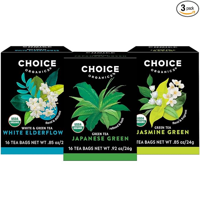 Choice Organic Teas Green Tea and Herbal Tea Variety Pack Sampler - Includes Japanese Green, Jasmine Green, White Elderflower - Compostable - 48 Organic Tea Bags (Pack of 3)