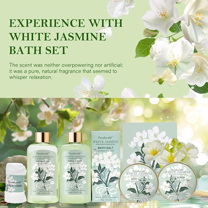 Bath Gift Baskets for Women, 9pc Jasmine Spa Gifts Set for Women, Self Care & Body Relaxing, Birthday Gift Basket, Mother's Day Gifts, Christmas, Anniversary Bath Gift Set