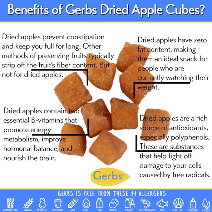 Gerbs Dried Cinnamon Sugar Apple Cubes 2 lbs. | Unsulfured, No Additives, Resealable Bag | Naturally Sweet & Spiced | Top 14 Allergen-Free