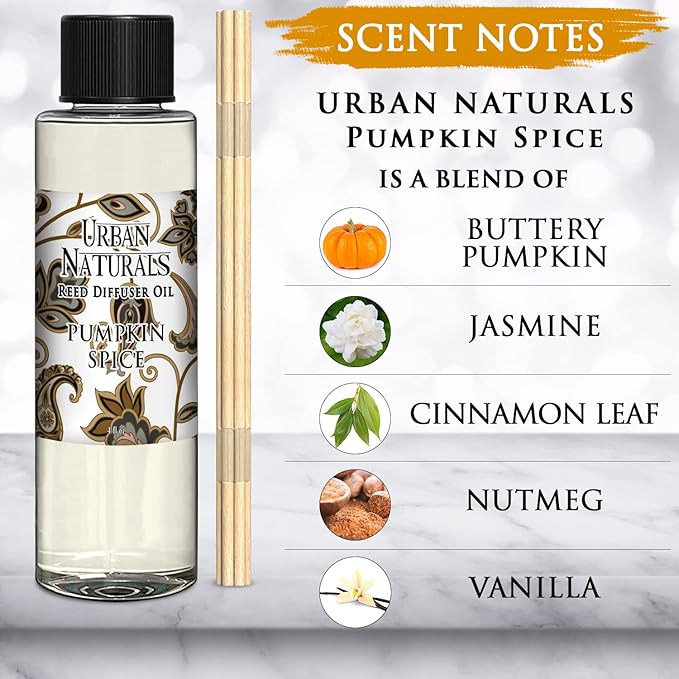 Urban Naturals Pumpkin Spice Scented Oil Reed Diffuser Refill | Includes a Free Set of Reed Sticks! 4 oz.
