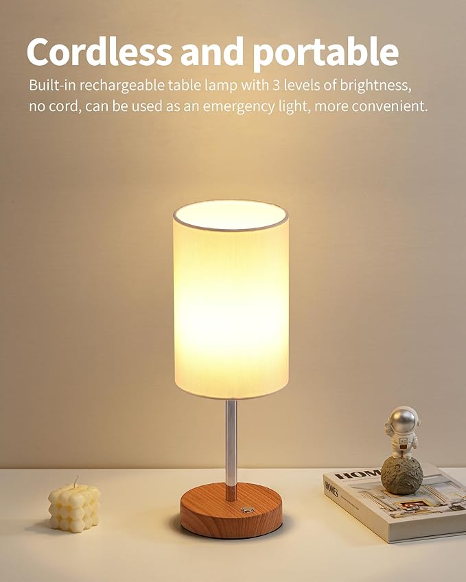 KDG Simple Cordless Table lamp, Portable Bedside 5000mAh LED Desk Lamp, 3 Brightness Levels Emergency Light, Linen Lampshade for Living Room, Bedroom, Dining Room, Night Light (Silver)