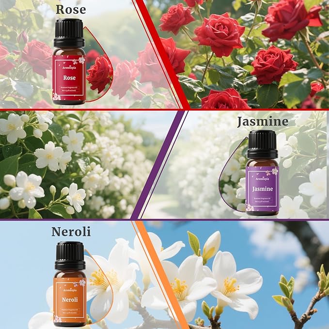 Floral Fragrance Oils, Aromtopia Flowers Essential Oils for Diffusers for Home, 6x10ml, Fragrance Oil for Candle Soap Making, Lavender, Rose, Gardenia, Cherry Blossom, Jasmine, Neroli