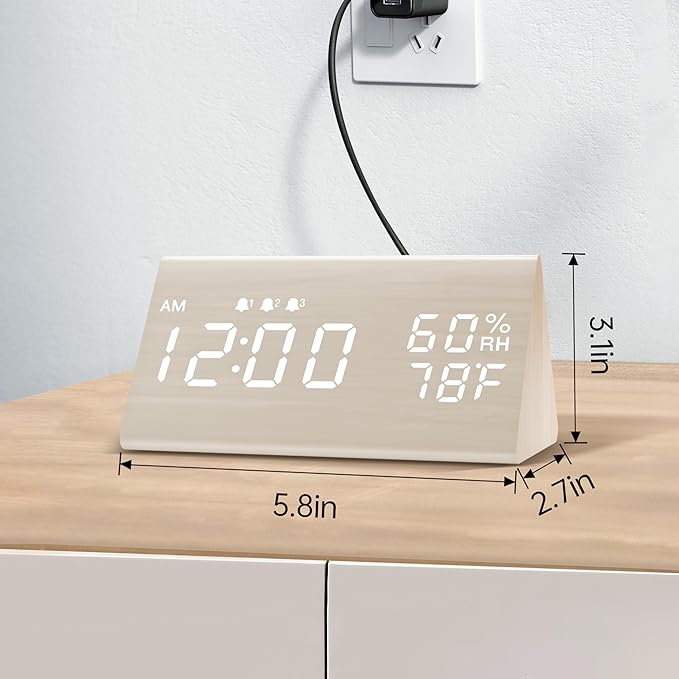 Digital Alarm Clock, with Wooden Electronic LED Time Display, 3 Alarm Settings, Humidity & Temperature Detect, Wood Made Electric Clocks for Bedroom, Bedside (White)