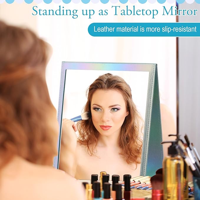 Chunful Foldable Backstage Mirror with Handle Holographic 33.5 X 13.4 Inch Folding Hanging Mirror Rectangular for Travel Dance Bag Home Fitness Spa Gift for Dancers(Blue)