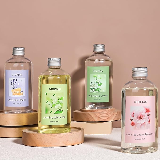 Green Tea Cherry Blossom Diffuser with 20 Black Fiber Sticks, 6.7 oz Diffusers for Home Essentials Bathroom,Last up to 60 Days（200ml